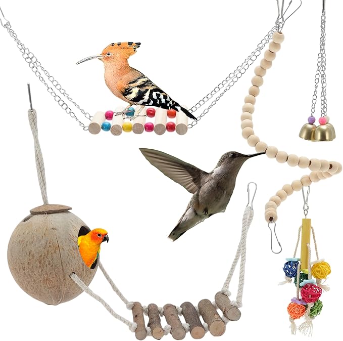 Cockatiel Toys, Bird Toys, 6 Pcs Multifunctional Natural Coconut Hideaway with Ladder Swing Hanging Bell Toy, Parrot Toys, Bird Cage Accessories