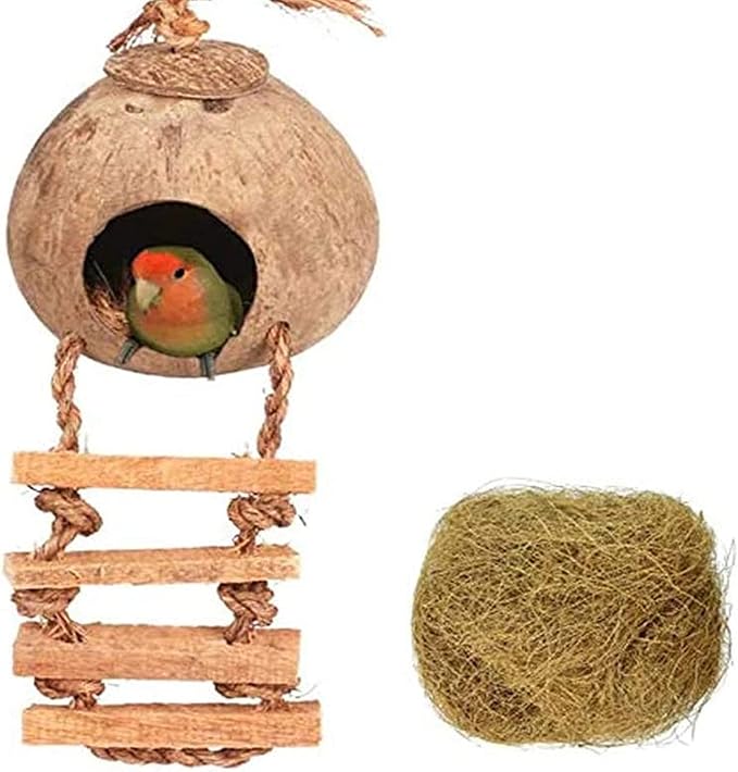 Tfwadmx Coconut Hide with Ladder, Natural Fiber Hanging Birdhouse Cage, Bird Shell Breeding Nest for Parrot, Parakeet, Lovebird, Finch, Canary (2 Pcs)