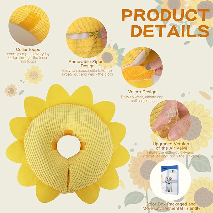 IEUUMLER Inflatable Recovery Dog Collar, Protective Donut Cone, Adjustable Soft Collar for Dog and Cat After Surgery Prevent from Biting & Scratching EU002 - Sunflower M+