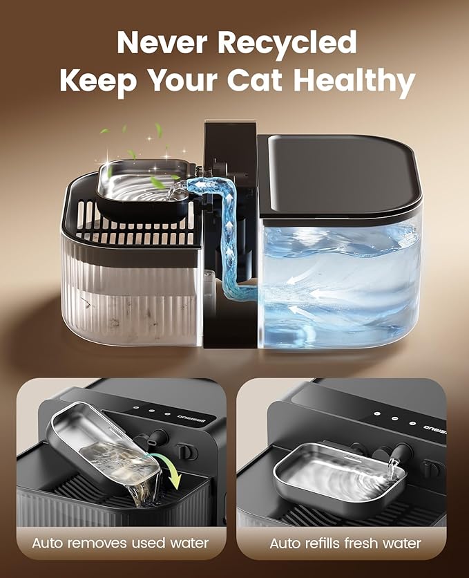 oneisall Wireless Filterless Cat Water Fountain, Separate Clean and Dirty Water Pet Fountain with Stainless Steel Bowl, 3.5L/118oz Quiet No Filter Smart Automatic Cat Water Dispenser Indoor, Black
