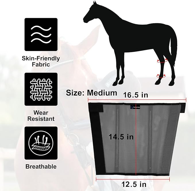 FOXLVDA Horse Fly Boots - Fly Boots for Horses Set of 4, Comfortable Horse Leggings, Mesh Material Design with Metal Support Bars for Reduces Stomping & Leg Fatigue (Dark Gray, Medium)