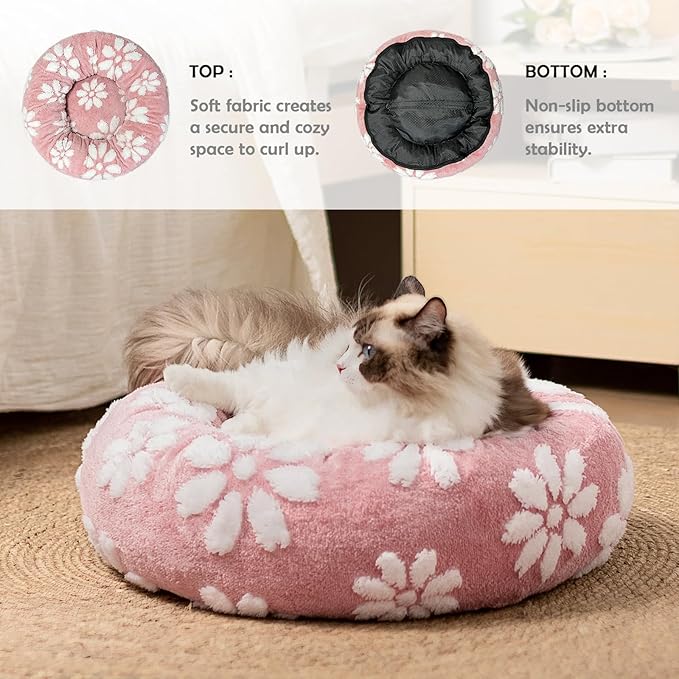 Donut Dog Beds for Small Dogs, Calming Round Cat Beds for Indoor Cats, Cute 3D Textured Flower Pet Bed with Removable Washable Cover and Anti-Slip Bottom（Pink，20"）