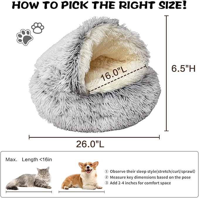 ShinHye Plush Fluffy Hooded Cat Bed Cave, Cozy for Indoor Cats or Small Dogs - Waterproof, Washable, 2626inch, Grey