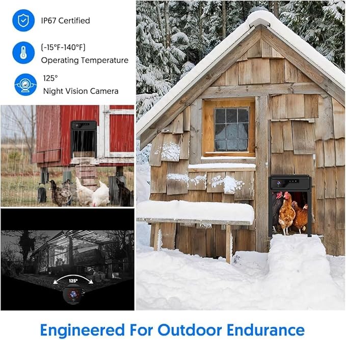 1080P HD Camera Solar Automatic Chicken Coop Door, 5000 mAh Large Battery, Support WiFi, APP Remote Viewing and Control, Timer, Alarm Driver Function, Easy to Install and Use.
