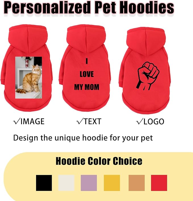 Custom Dog Hoodie, Personalized Sweatshirt with Photo Text Name Logo, Customized Hooded Sweater for Small Medium Large Dogs & Cats (Red, X-Large)