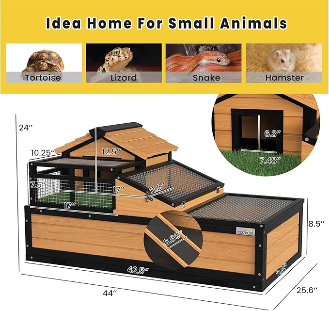 3-Room Large Tortoise Habitat with Pull-Out Tray, Wooden Tortoise Enclosure Indoor & Outdoor with Ramp, Grass Mat, Openable Roof, Luxurious Reptile Enclosure for Small Animals, Yellow