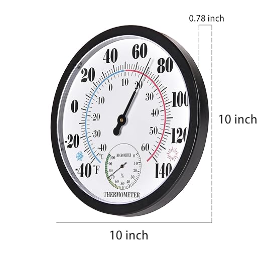 Indoor Outdoor Thermometer Large Numbers Wall Thermometer Hygrometer Waterproof Does not Require Battery 10 inch Wireless Hanging Hygrometer Garden Decoration (Black)