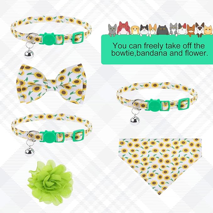 Breakaway Cat Collars with Bell & Cute Pendants - 3 Pack Adjustable Safety Kitten Collars - Decoration for Girl Boy Cats Puppy and Small Pets (Style C - Sunflower)