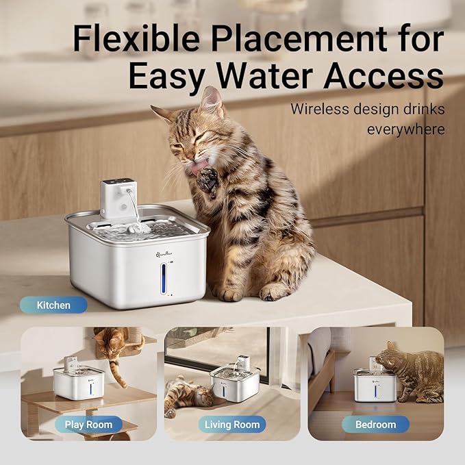 DownyPaws Cat Water Fountain Stainless Steel Wireless, 101 oz/3L FurSink Cordless Water Fountain for Cats, Battery Operated Cat Fountains for Drinking with Motion Sensor, Easy Clean, White