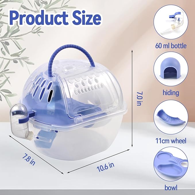 Hamster Carrier with Water Bottle,Portable Hamster Travel Cage,Breathable Rat Travel Carrier with Exercise Wheel Food Plate Acrylic Small Animal Carrying Case for Little Rats Mice (Blue)