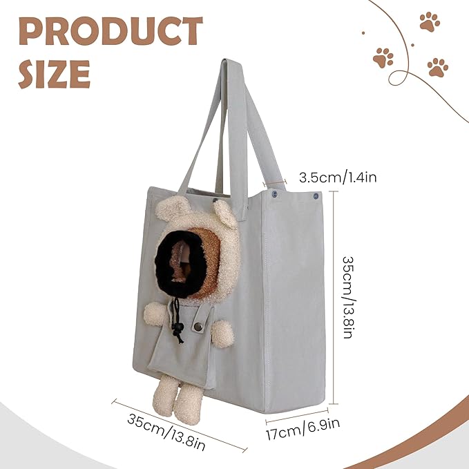Pet Canvas Shoulder Carrying Bag, Cute Grey Bear Shaped Cat Carrier, M Size Portable Kitten & Puppy Tote, Comfort Carriers for Small Dogs, Cats, and Pets, Handbag for Outdoor, Shopping, and Camping