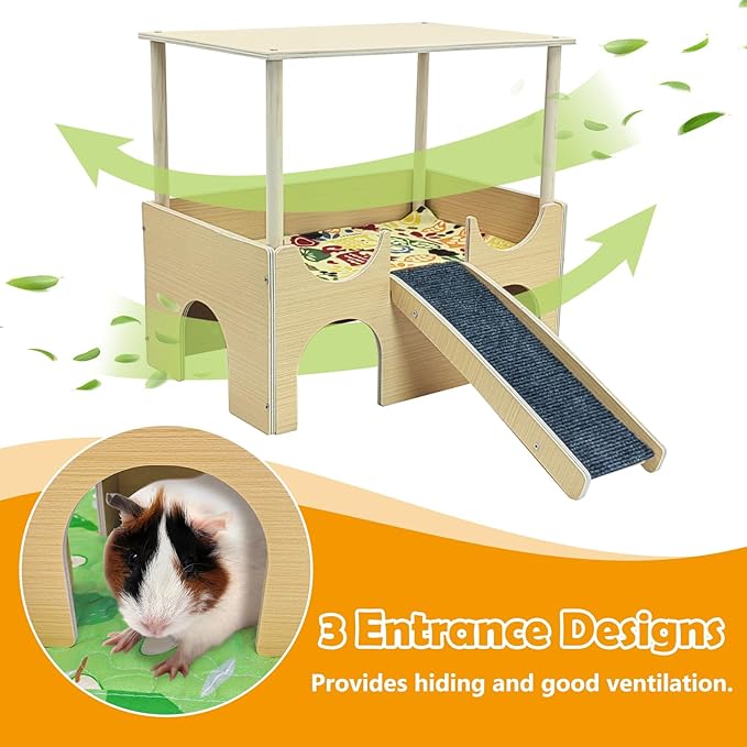Fhiny Large Guinea Pig Hideout, 2 Tier Wooden Chinchilla Castle with Stair Bridge and Soft Mat Piggies House Small Animal Hideaway Hamster Habitat Decor for Chinchilla Hedgehog Hamster Gerbil Rat