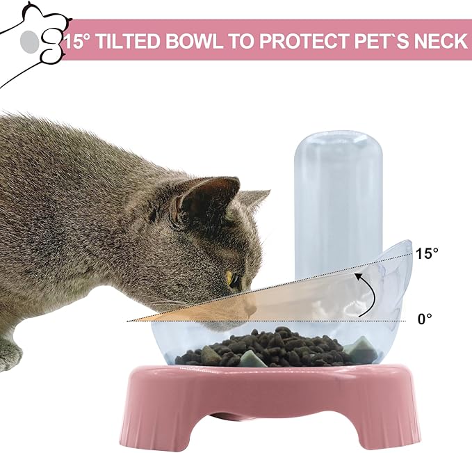 Triple Cat Bowls with Water Dispenser, Pet Water and Food Bowl Set with Non-Slip Mat and Scoop, 15° Tilted Double Dog Cat Bowls, Wet and Dry Food Bowl Set for Cats & Small Dogs (Pink)