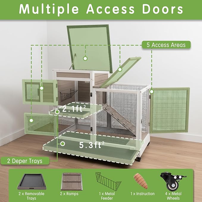 Rabbit Hutch Indoor Outdoor Wooden Bunny Cage with Wheels Removable Two Trays Guinea Pig Cages Waterproof Roof