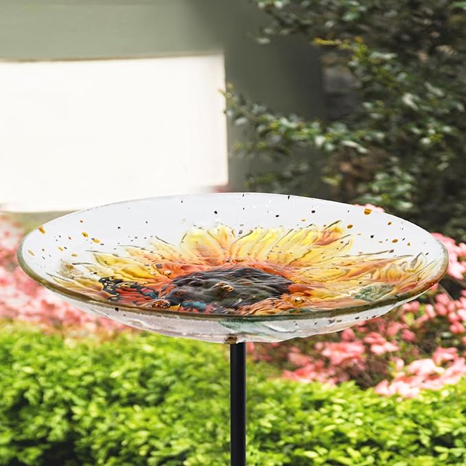 MUMTOP Bird Baths for Outdoors, Glass Birdbath Birdfeeder Bowl with Metal Stake for Outside Garden Yard Lawn Sunflower Butterfly Decor