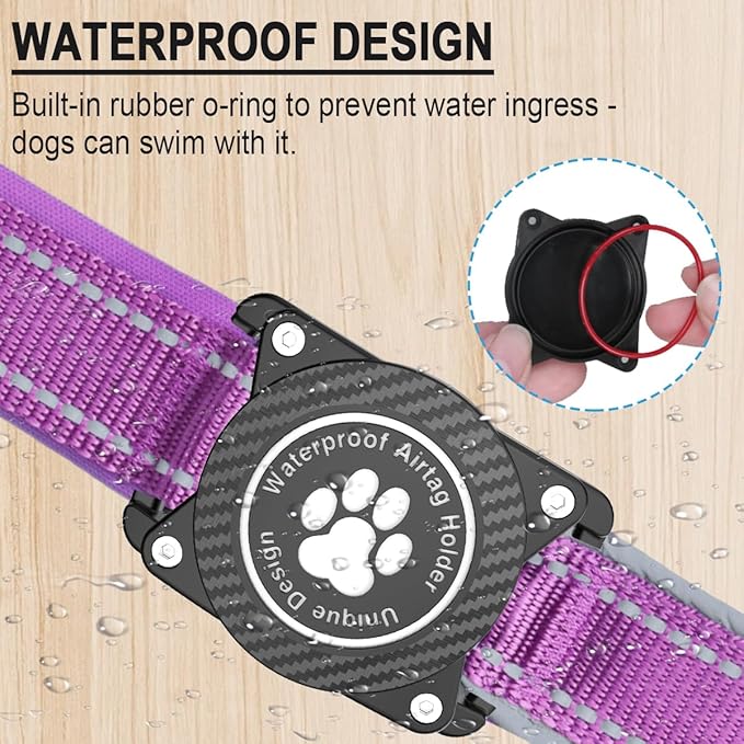 Airtag Dog Collar with Waterproof Air Tag Holder, Luminous Reflective, Soft Padded, Adjustable Nylon Pet Collar for Small Medium Large Heavy Duty Dogs,Purple, L