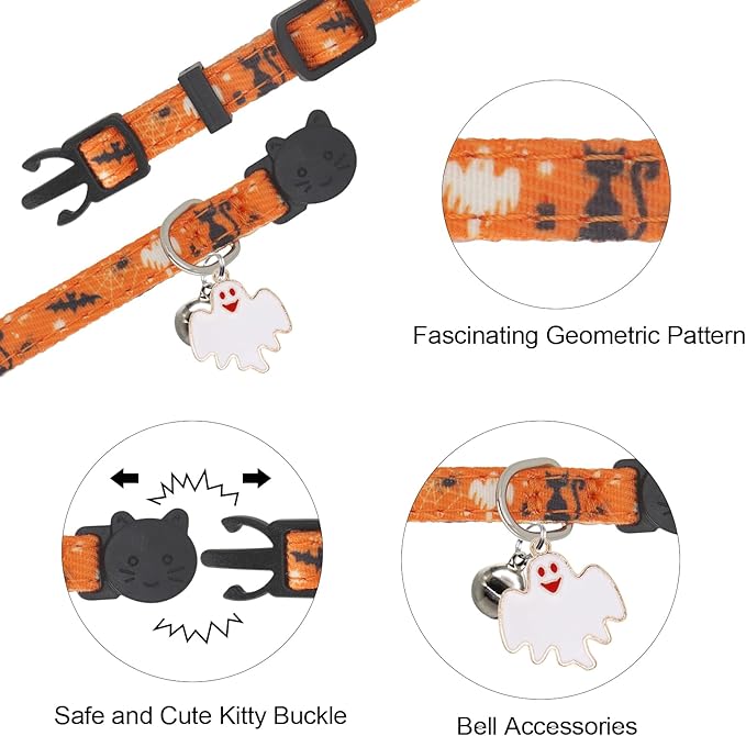 Halloween Cat Collar, Cotton 2 Pack Cat Collar with Bells, Breakaway Collars for Girl Boy Cats Kittens, Halloween Pink