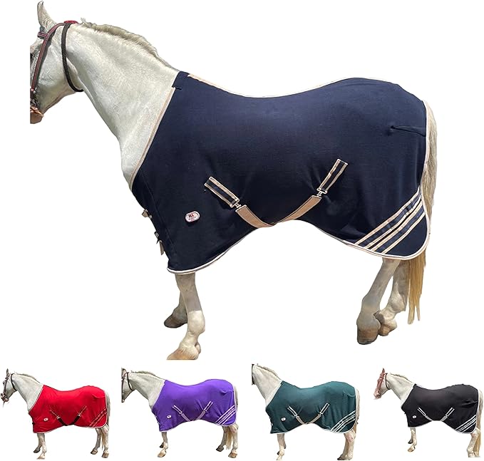 Majestic Ally Anti Pill Fleece Horse Blanket/Sheet with Silver Braided Rope (Navy, 82)