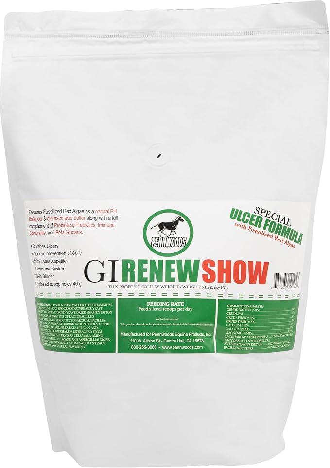 Pennwoods GI Renew Show, Probiotics for Equine, Immune and Appetite Stimulation, Prebiotics, Digestive Enzymes | Horse Supplement Providing Ulcer Relief and Treatment, Organic Toxin Binder, 6 LB Bag