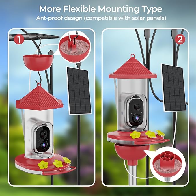 Smart Hummingbird Feeder with Camera, Wireless Bird Feeders with Solar Powered AI Recognition Instant Notifications, Feeder for Outdoor Ideal Gift for Bird Lovers