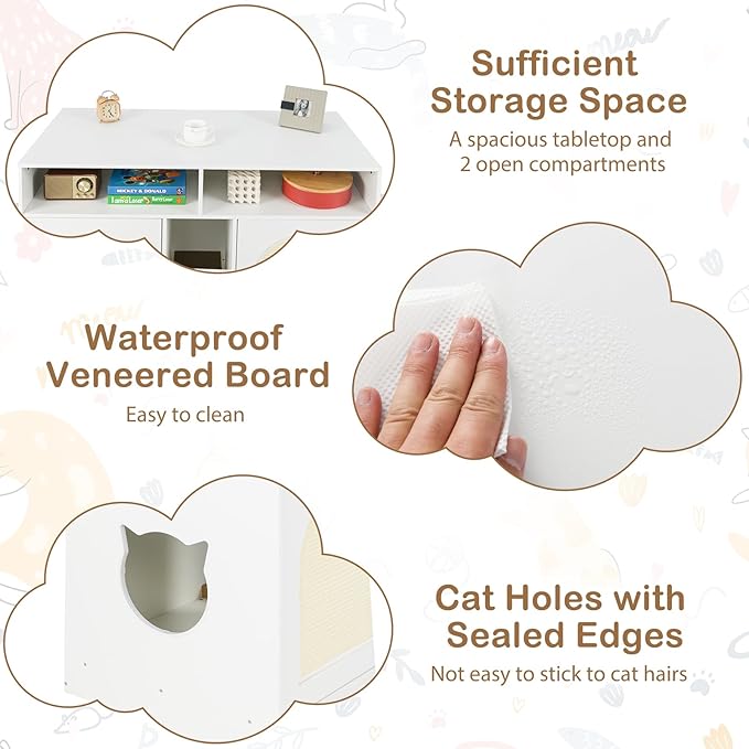 PETSITE White Double Litter Box Enclosure, 43 Inch Modern Cat Hidden Litter Box with Shelves, Double Rooms, Scratching Board, and 2 Sisal Mats, Indoor Wooden Kitten House End Side Table