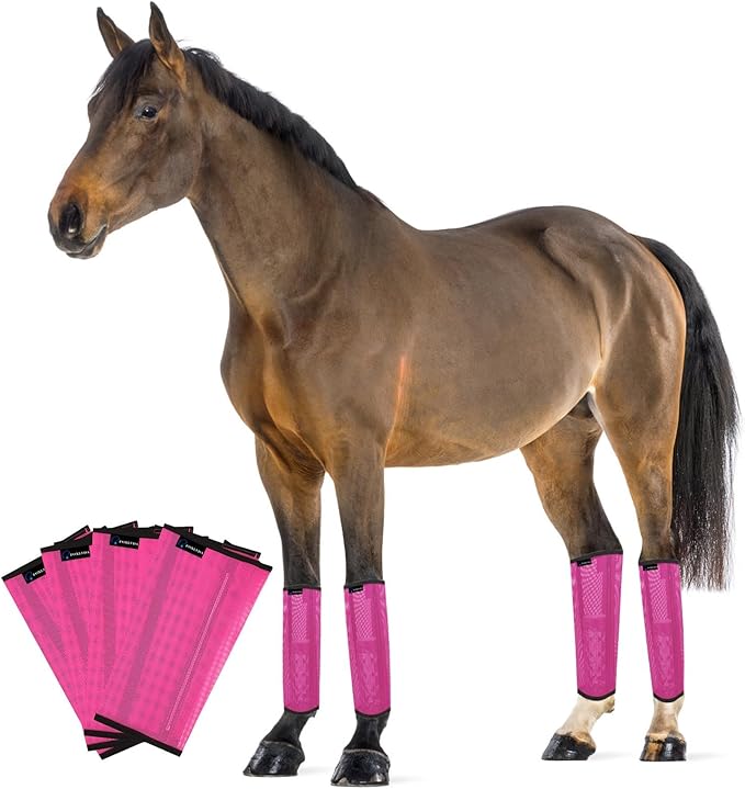 FOXLVDA Fly Boots for Horses Set of 4, Comfortable Horse Leggings, Mesh Material Design with Metal Support Bars for Reduces Stomping & Leg Fatigue (Pink, Medium)