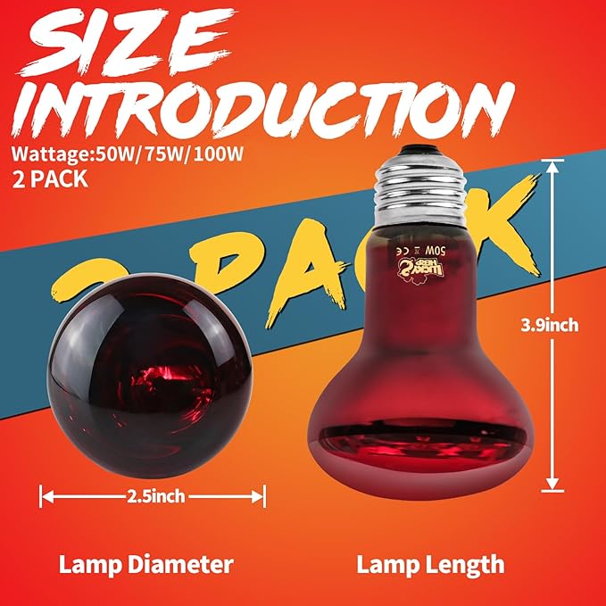 LUCKY HERP Infrared Heat Lamp 50W 2 Pack，Reptile & Amphibian Basking Spot Light Bulbs, Red Heat Lamp Bulbs for Reptiles, Bearded Dragon, Turtle, Lizard, Snake, Chicken