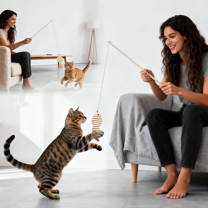 8 Pack Cat Wand Toy Cats Toy (2 Solid Wood Teases+1 Extendable Teaser Wand with 5 Replacement Heads