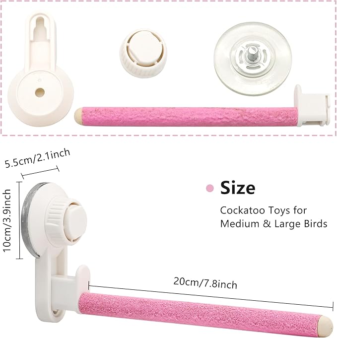 Suction Cup Bird Perch,Wooden Parrot Window/Mirror/Car/Travel/Shower Perches Stand Quartz Portable Parakeet Grinding Stick Training Toys for Small and Medium Birds(Pink)