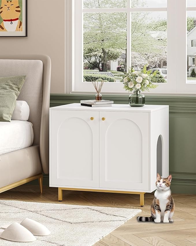 Cat Litter Box Enclosure, Hidden Litter Box Furniture Cabinet, Wooden Indoor Cat House, Side End Table, Living Room, Bedroom, White and Gold CB85003G