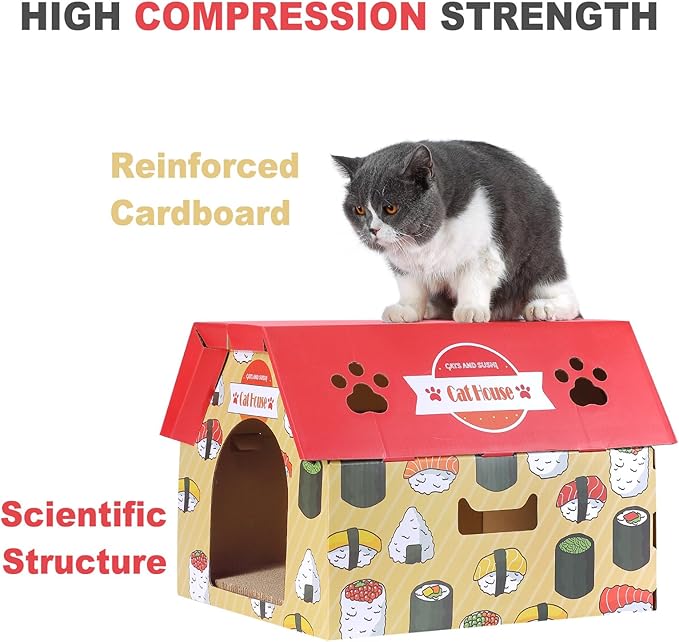 Cardboard Cat House with Scratcher – Red Sushi Carton Cat Box - 18''L x 15.5''W x 14''H for Cats up to 20 Lbs, Sturdy Kitty Playhouse & Hideaway - Indoor Feline Scratch Toy