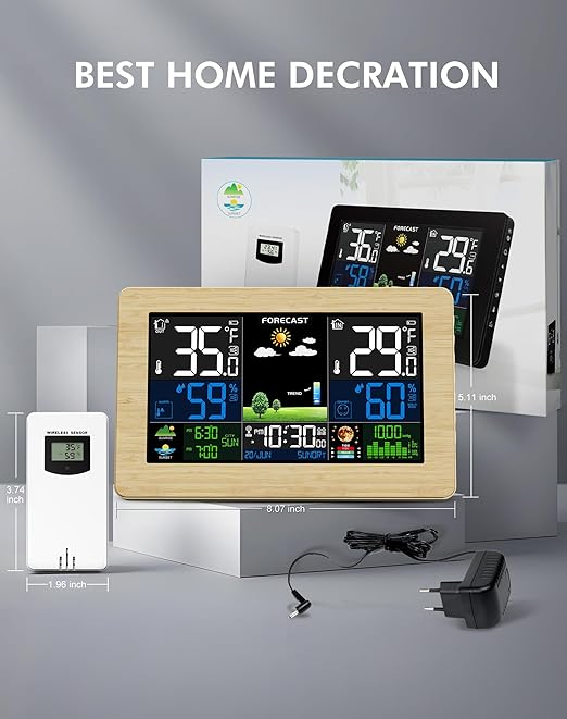 Weather Station Wireless Indoor Outdoor Thermometer, Digital Thermometer with Remote Sensor, Large Display Home Weather Stations with Weather Forecast, Atomic Clock, Barometric Pressure, Moon Phase