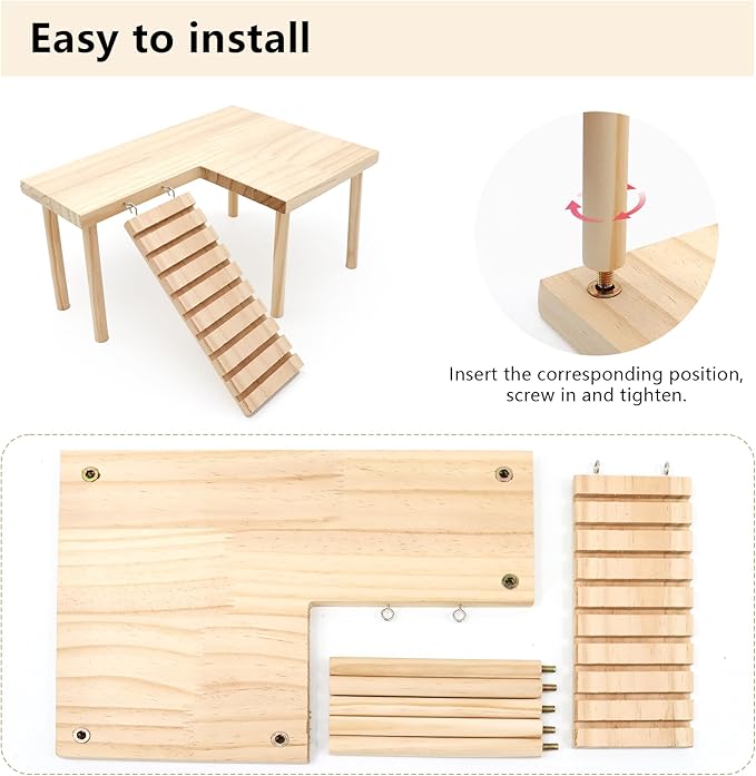 Hamster Wooden Platform with Legs Small Animal Climbing Ladder Standing Rat Guinea Perch Chew Toy Cage Accessories (Platform-Large)