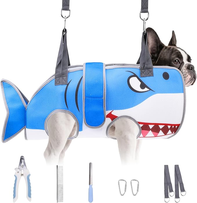 Dog Grooming Hammock for Small Dogs Cats, Cute Shark Design Dog Hanging Harness for Nail Trimming/Clipping, Pet Sling with Grooming Kit and Thick Neck Support & Strap Restraint Claw Care, M