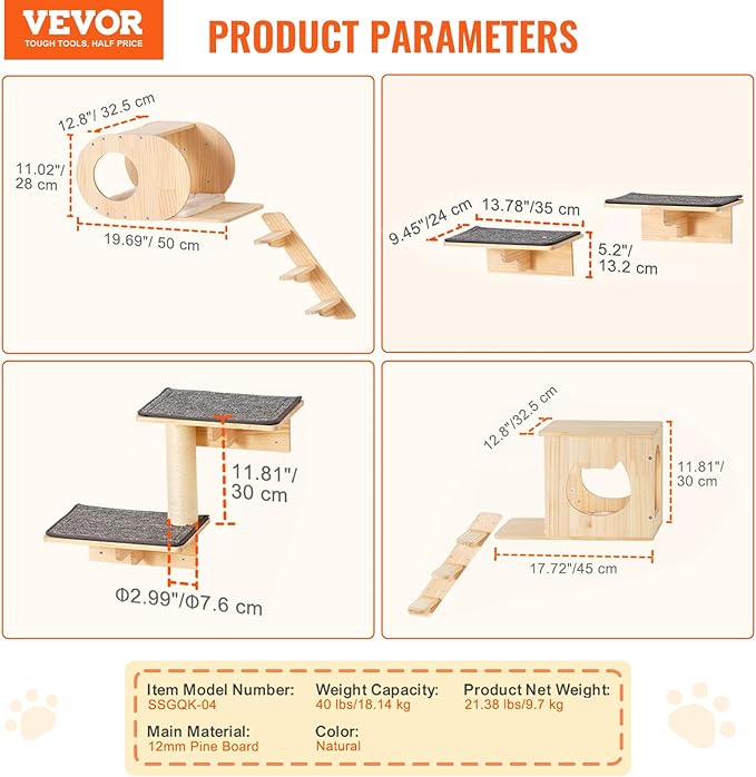 VEVOR Wall Mounted Cat Shelves and Perches with Jumping Boards, Cat Beds, Hammocks & Tree, Up to 40 lbs for Sleeping, Playing, Climbing - Set of 7