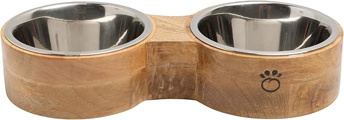 Luxury Elevated Dog Bowl Set - Mango Wood Stand with 2 Stainless Steel Food & Water Bowls - Raised Pet Feeder with Non-Slip Base, Modern Design for All Dog Sizes, Medium 24oz