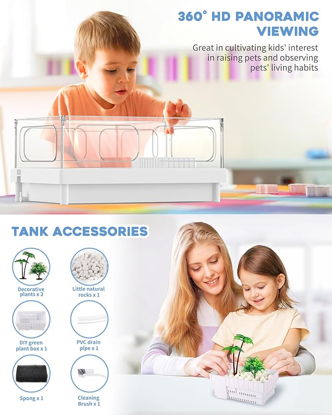 Small Turtle Tank with Filter, Turtle Aquarium, Acrylic Turtle Terrarium with Basking Platform, Bottom Drainage, Multi-Function Areas for Turtles, Crayfish, Small Reptiles (Tank+Filter)