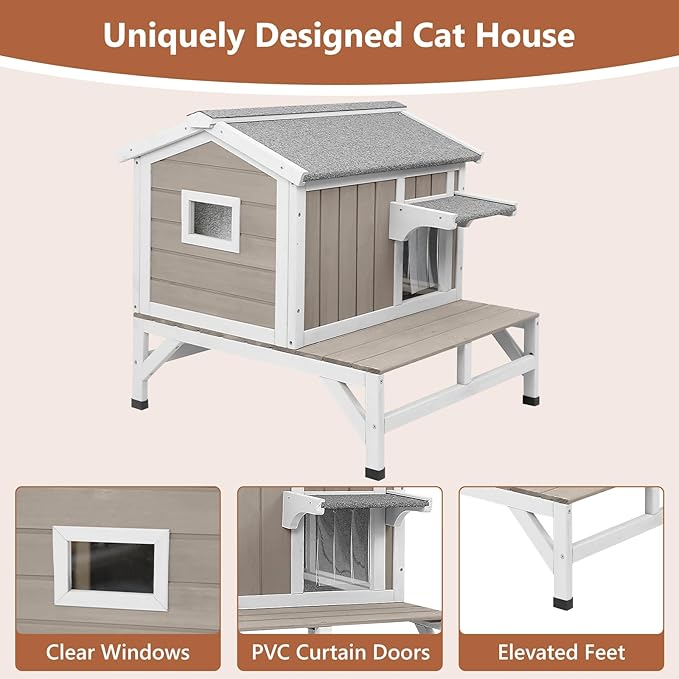 Small Insulated Cat House Weatherproof, Wooden Feral Cat House Outdoor with Cat Scratching Cloth, Balcony, Internal Dividers, Outside Indoor Cats Shelter with PVC Curtain Door, Openable Roof, Grey