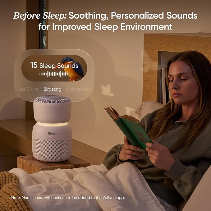 LEVOIT Air Purifier for Home Bedroom with HEPA Filter, White Noise Sound Machine and Blue Light-Free Night Light Support Better Sleep, AHAM VERIFIDE, 5 Air Quality Monitor, Smart WiFi, Sprout
