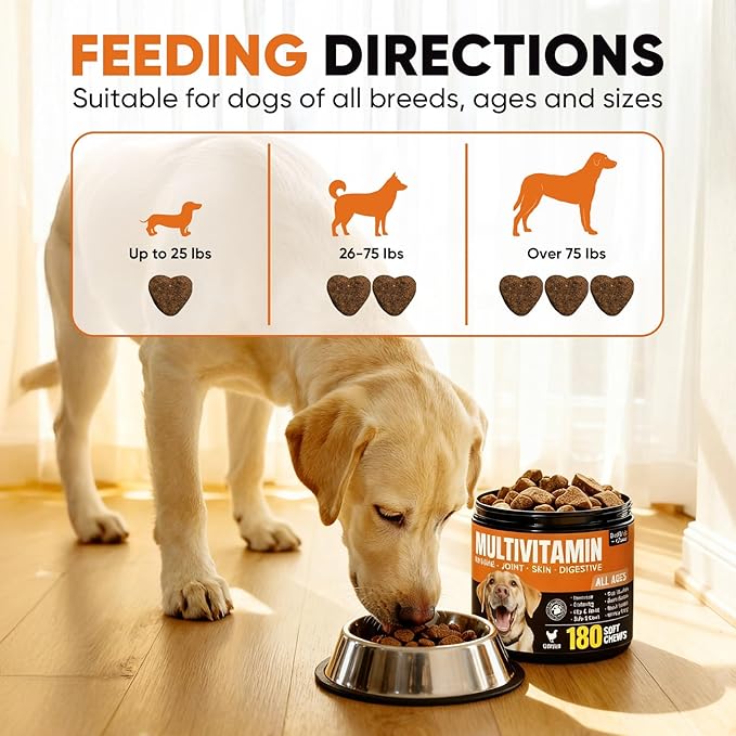 Dog multivitamin Soft Chews–Glucosamine, Chondroitin, MSM, Probiotics, Enzymes, Omega-3–Joint Support, Gut Health, Skin & Coat–Daily Maintenance & Preventive Care–Dog Supplements & Vitamins–180 Chews
