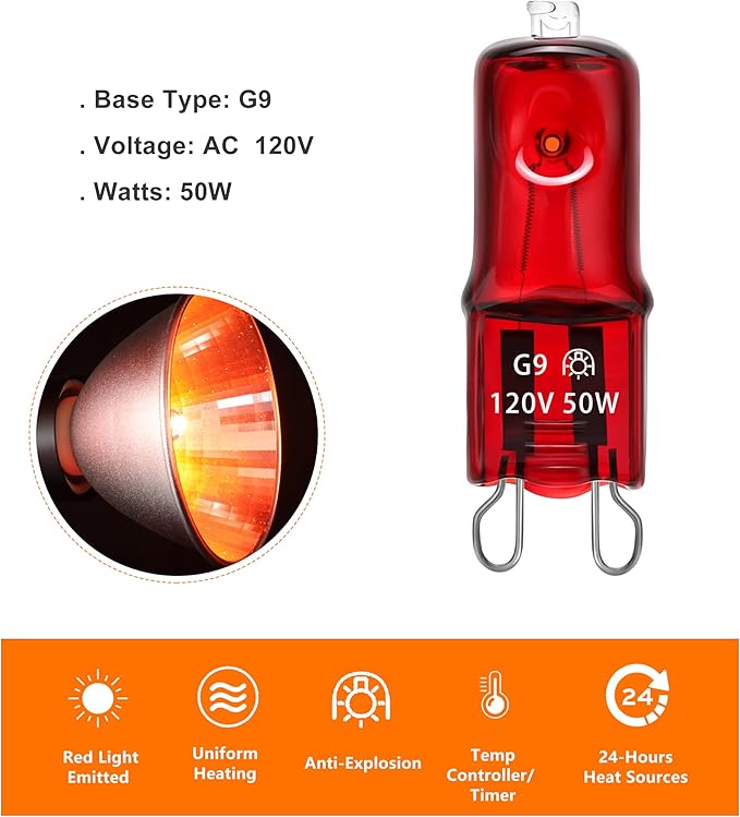 Reptile Heat Lamp G9 Bulb 50W 120V 2 Pin 3 Pack Base Light Bulb Replacement Dimmable Warm Red