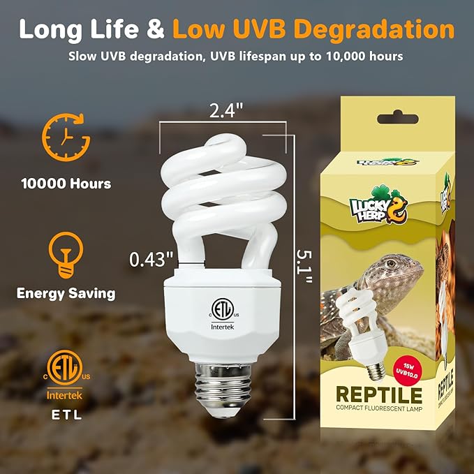 LUCKY HERP UVA UVB Reptile Light 10.0, Desert UVB 150 Compact Fluorescent Lamp, UVB Light for Reptiles 15W, UVA UVB Reptile Light Bulb, UVB Bulb for Reptiles Bearded Dragons Lizards Tortoises Snakes