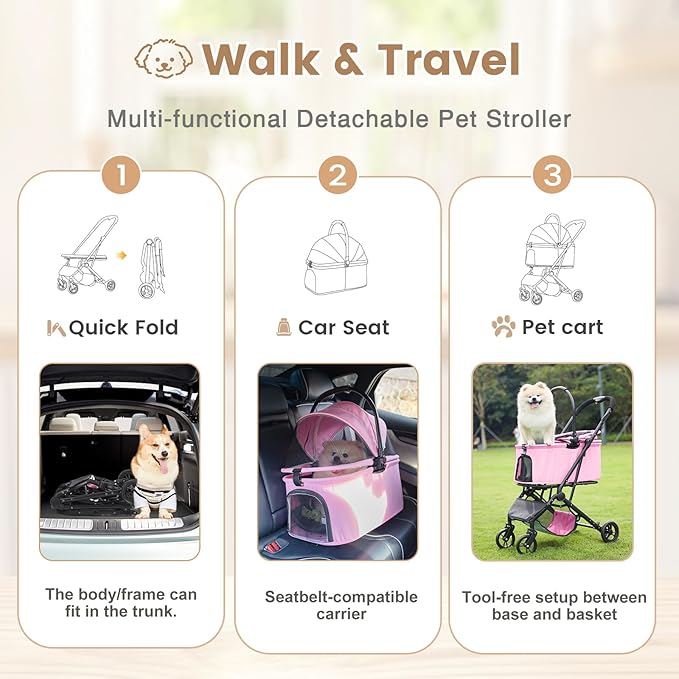 Wedyvko Dog Stroller, Carrier, Car Seat & Pet Stroller for Small Dogs, Max Load 33 lbs with Dog Poop Bags & Dispenser, Basket and Cup Holder (Pink)