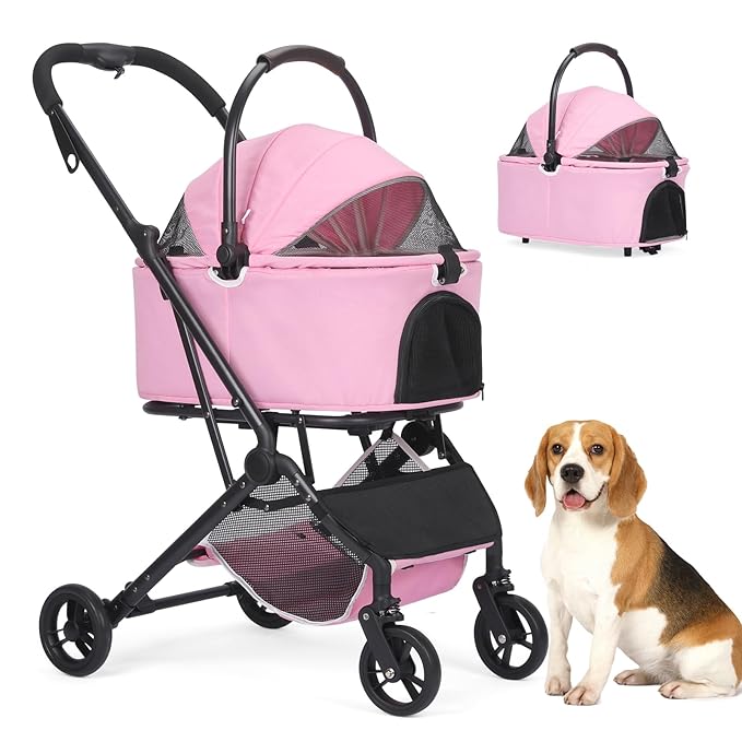 Wedyvko Dog Stroller, Carrier, Car Seat & Pet Stroller for Small Dogs, Max Load 33 lbs with Dog Poop Bags & Dispenser, Basket and Cup Holder (Pink)