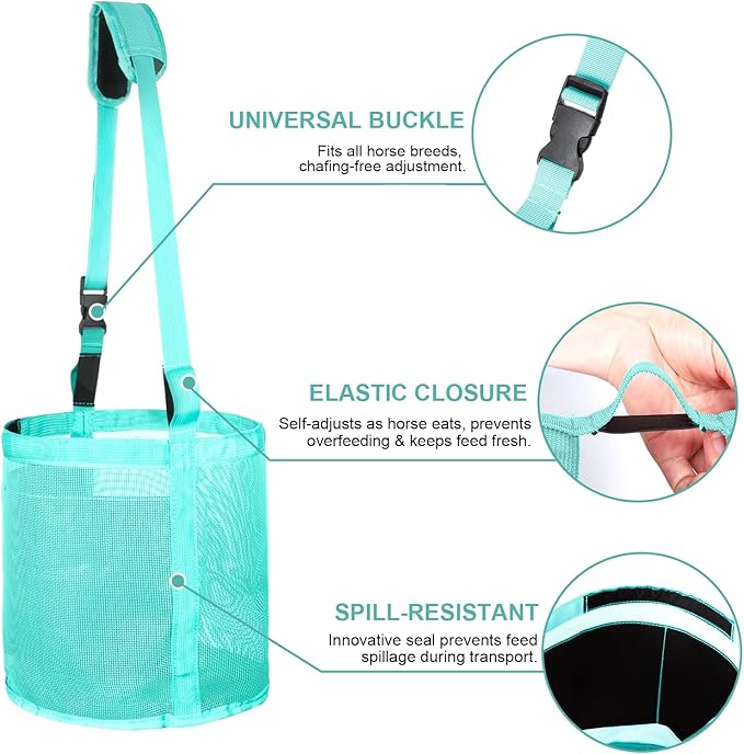 Heavy Duty Durable Waterproof Horse Feed Bag with Adjustable Strap - Mesh Grain Design, Comfort Neck Pad & Nose Pad Mint Green