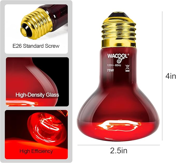 WACOOL 4 Pack Reptile Heat Lamp Bulbs,75W Infrared Basking Spot Light for Reptiles & Amphibians, Red Heat Lamp Bulb for Bearded Dragon Gecko Turtle Lizard (75, Watts)…