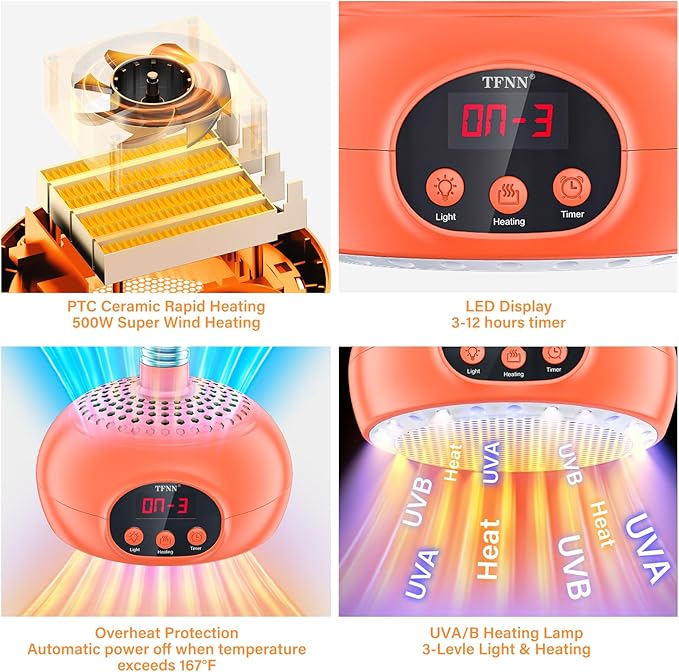 Chicken Coop Heater Lamps,200W-350W-500W Reptile Heating Lamp Upgraded with UVA UVB Ligh 3-6-9-12H Timer,Protable Greenhouse Heater for Outdoor Chicken Coop for Reptile Rabbits Dog Cats (Orange)