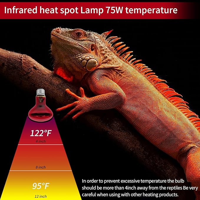 Reptile Heat Lamp Bulbs, Infrared 75W Reptiles & Amphibians Basking Spot Lamp Bulb-2 PCS, Red Heat Emitter Light for Chickens Coop