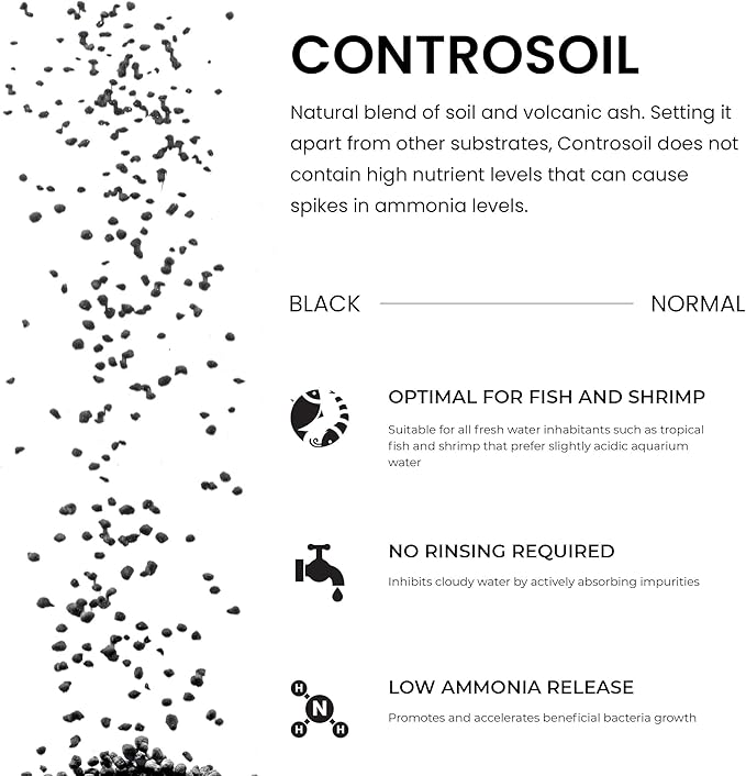 Ultum Nature Systems Controsoil - Freshwater Aqua Soil Substrate for Fish, Shrimp, Live Plant Propagation and Aquascaping - 6.8pH Low Ammonia, Volcanic Ash - Black, Normal (10 Liter | 20LB)