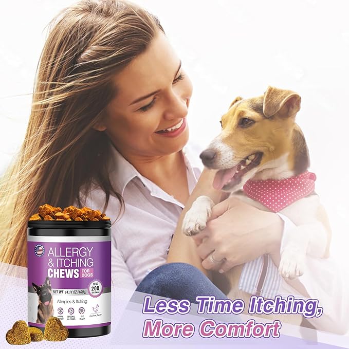 Dog Allergy Chews 200ct - Dog Allergy and Itching Skin Relief Anti Itch Aller Immune Bites for Dogs Licking Paws Treatment Relief Itchy Chew Probiotics Vitamins for Skin and Coat Allergies - Chicken